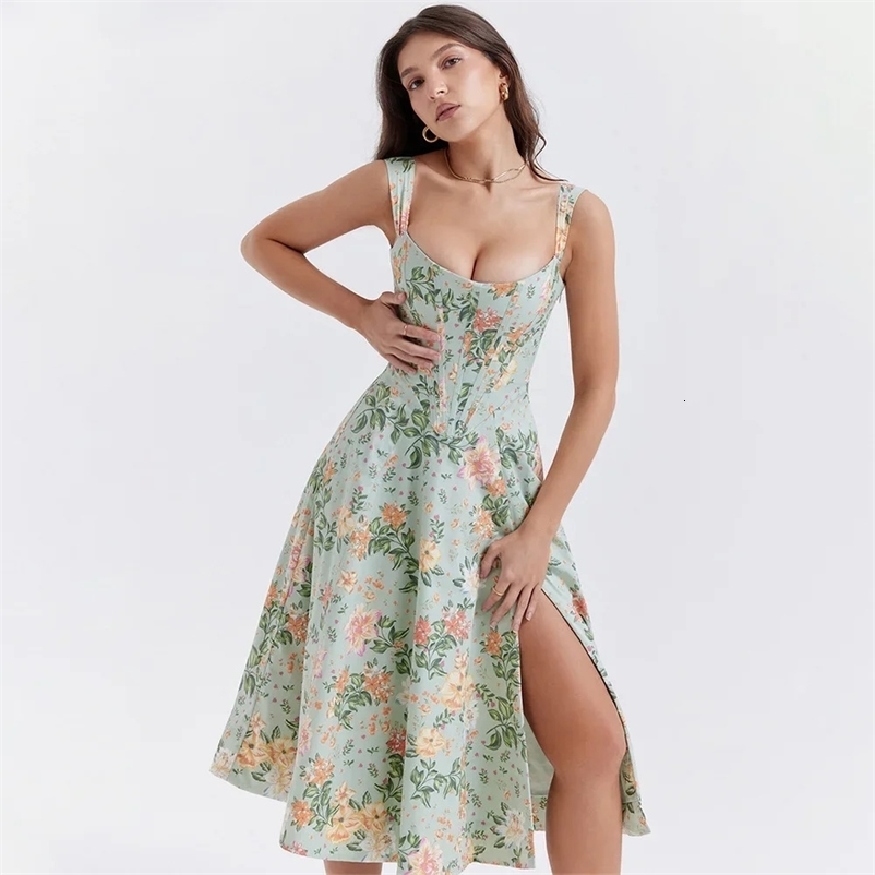 Suninheart Summer Dress Women Green Lace Up Floral Print Dress Elegant with Boning Casual Party Holiday Dress High Quality 240518
