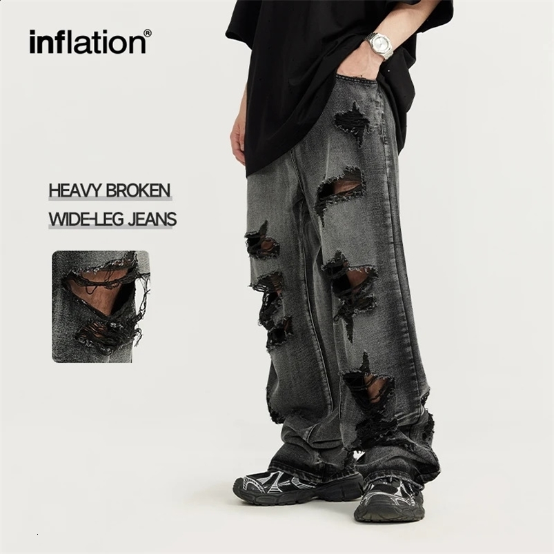 INFLATION Washed Ripped Distressed Jeans Men Streetwear Hip Hop Holes Denim Pants 240828