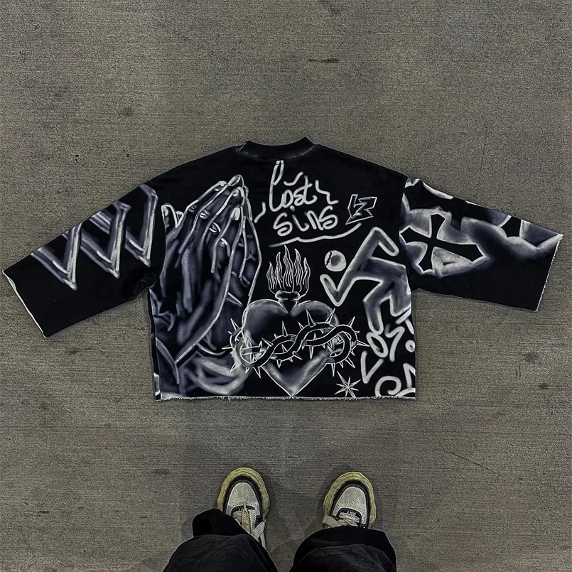 Gothic Hip Hop Graphic Mens Full Print T-shirt Y2k Retro Tie Dye Cross Cut Top Loose One Third Sleeve T-shirt 241118