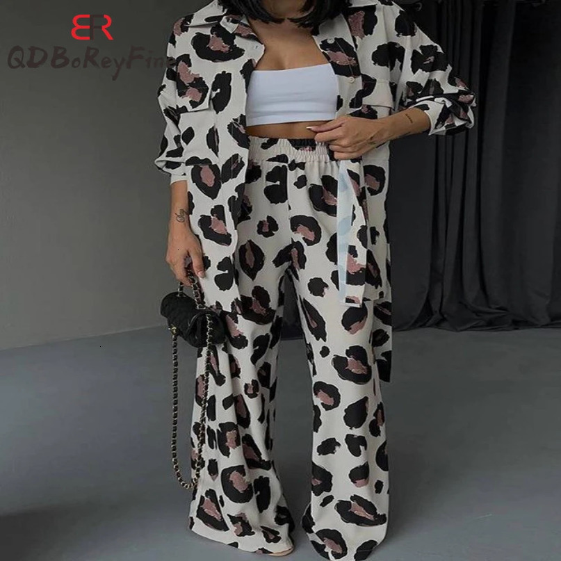 Leopard Printed Elegant Womens Sets Casual Streetwear Long Sleeve Tops Wide Leg Pants Tracksuit Two Piece Outifits 240428