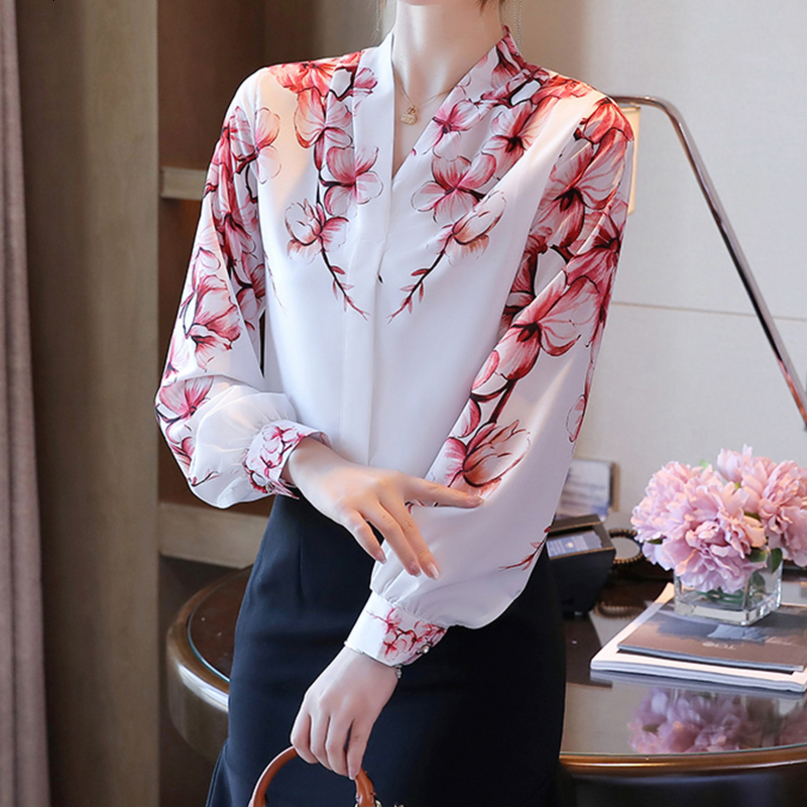 Women's Blouses Shirts elegant Women Blouses flower shirts chiffon blouse Spring Blouse lantern sleeve Tops Shirts Blusas Mujer 220826