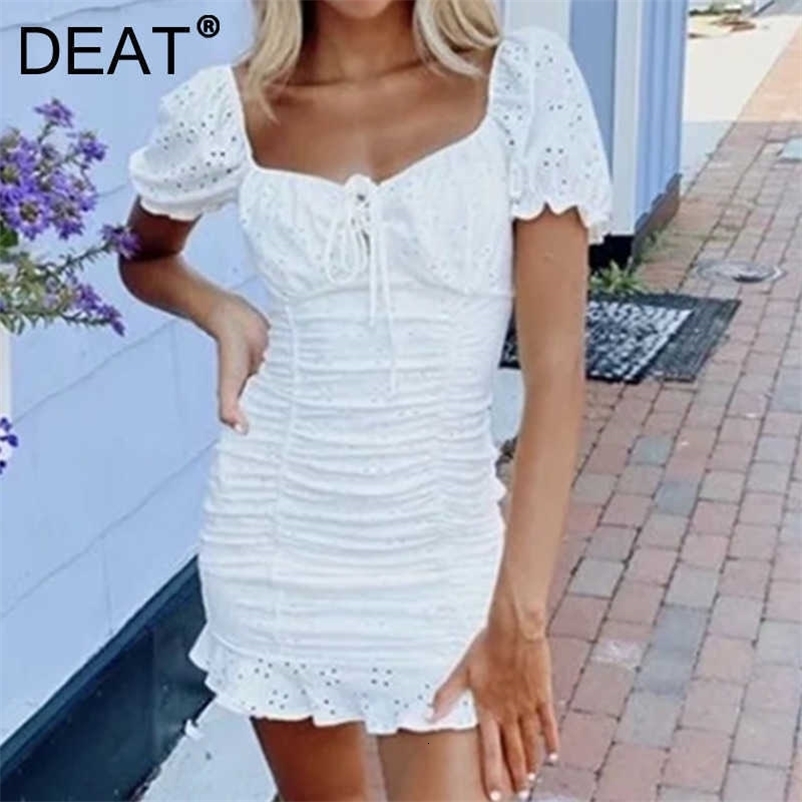 DEAT Women Hollow Out Pleated Ruffles Dress Square Neck Short Sleeve Arrivals Lady Fashion Spring Summer 11D1706 210709