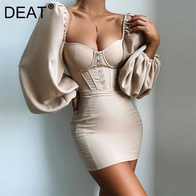 DEAT Women Spring Autumn Arrivals Solid Color Slim Long Lantern Sleeve Square Collar Sexy Temperament Dress MZ037 210709