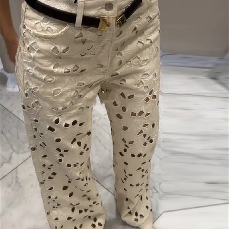 Hole White High Waist Fashion Flower Hollow Loose Womens Trouser Spring/Summer Street Clothing Jeans Z260314