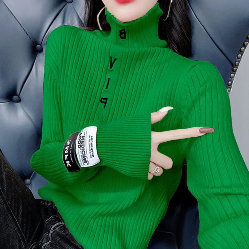 Autumn Winter Fashion Letter Interior Lapping Knitting Top Tee Femme All-match Turtleneck Sweater Long Sleeve Pullovers Tops 241217