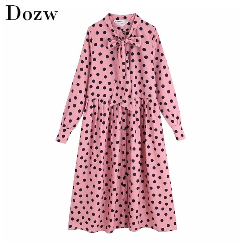 Polka Dot Print Women Shirt Dress Bow Tie Collar Long Sleeve Pleated Dress Vintage Ladies Midi Office Dresses Vestidos 210414