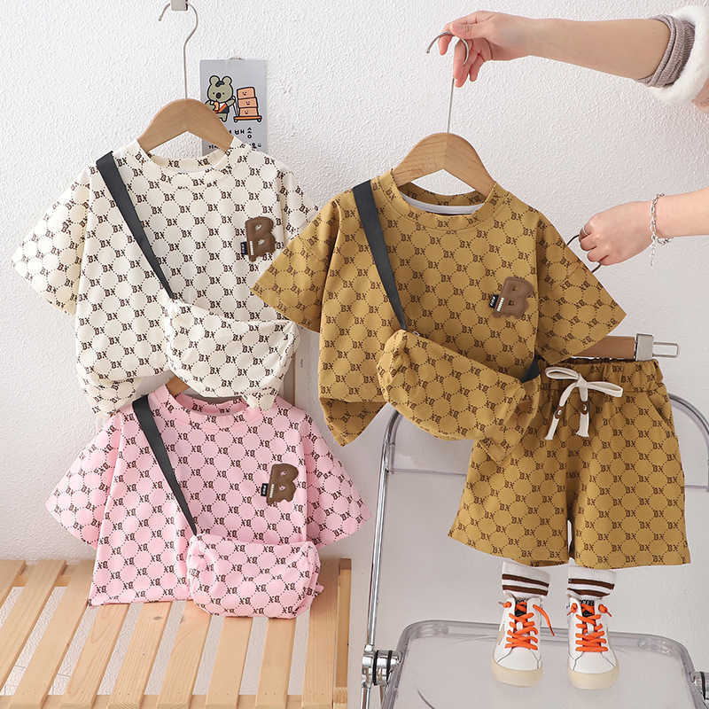 Boys Summer Short Sleeve TwoPiece Set 2025 New Fashionable Childrens Baby Crossbody Bag Summer Thin Stylish Outfit Trendy C250924