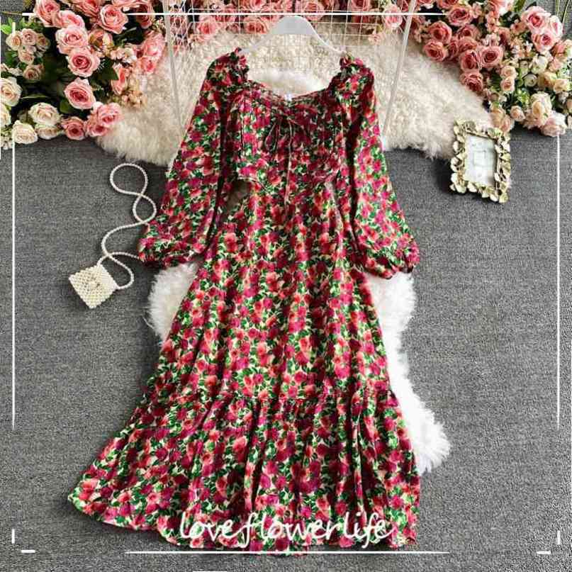 LoveFlowerLife Spring Autumn Slim Floral Print Chiffon Dress A Line Square Collar Mid Calf High Waist Women Dresses 210521