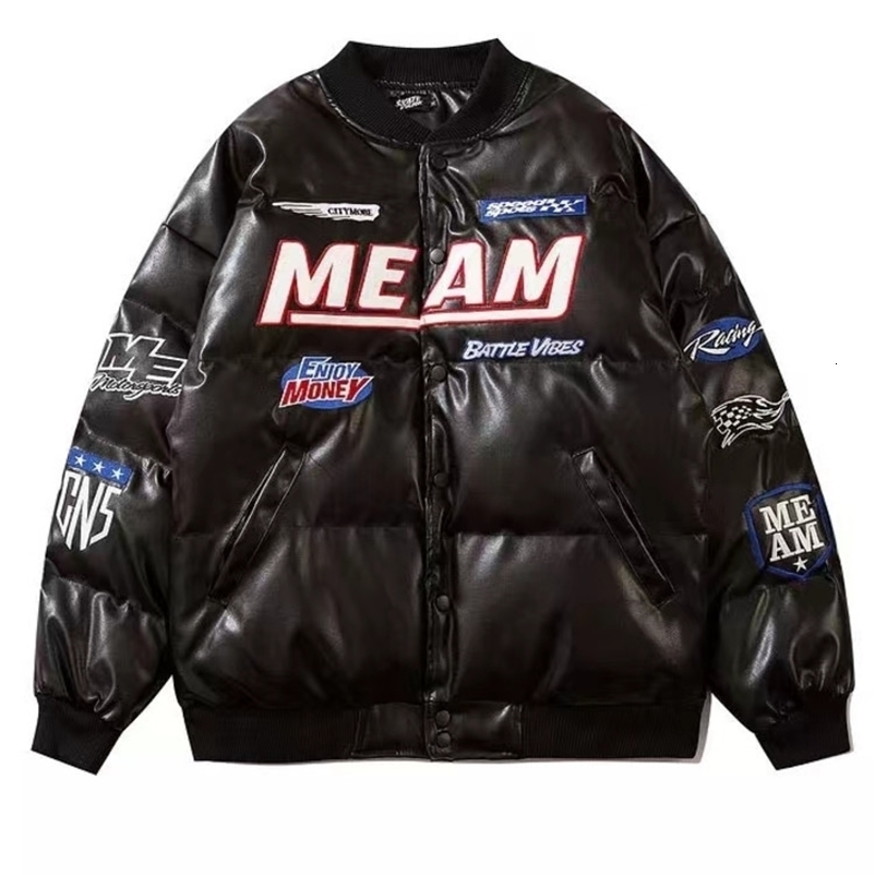 Men's Down Parkas High Street Embroidered Letter PU Puffer Jacket Men Women Y2k Hip Hop Baseball Parkas Winter Thick Padded Coat Warm College Top