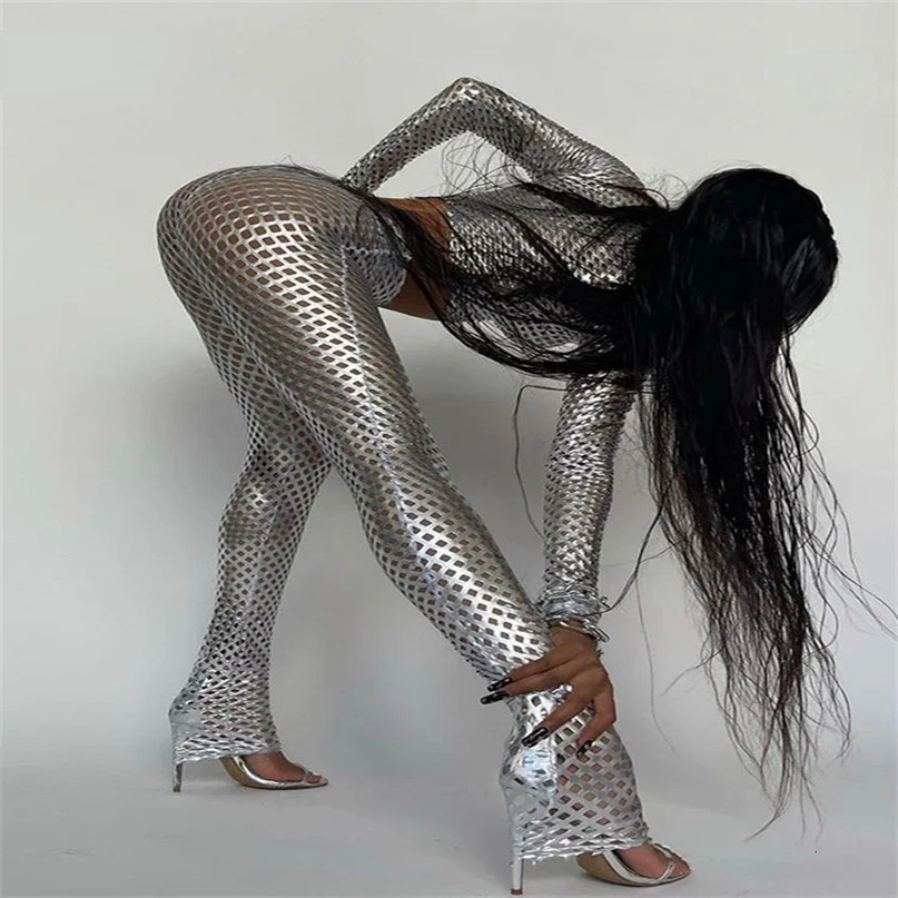 Women Sexy Hollow Out Hole Streetwear Tracksuit Simple Slim Stretch Silver Two Piece Set Female 240627