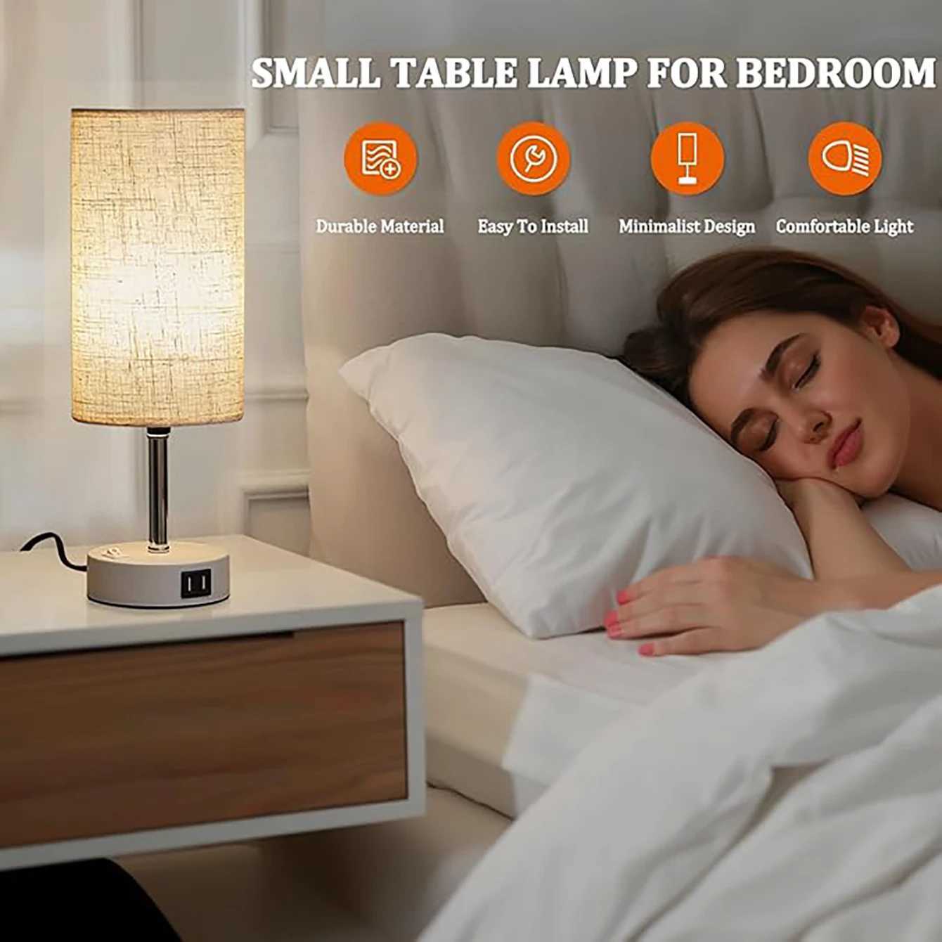 E27 bulb desk lamp with USB port circular linen lampshade suitable for bedroom bedside table decoration light without bulb C251115