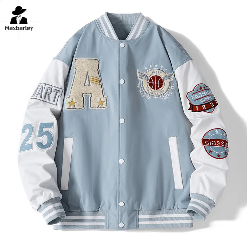 Campus Baseball Jacket Mens Autumn Hiphop Harajuku Stitching Letter Embroidered Motorcycle Loose Couple Windproof Coat 240712