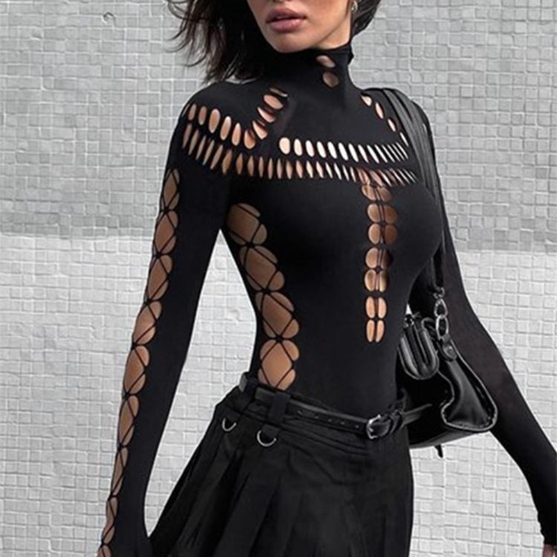 Women's Jumpsuits Rompers Tawnie Solid Hollow Out Turtleneck Bodysuit Women Fall Sexy Bodycon Long Sleeve Body Top Streetwear Skinny Rompers Outf