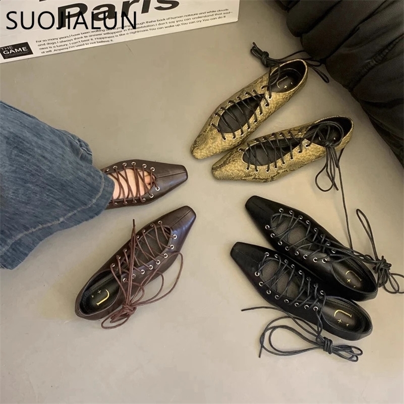 SUOJIALUN 2025 Spring Women Flat Shoes Fashion Lace Up Ladies Elegant Dress Boat Shoes Flat Heel Casual Single Shoes 250328
