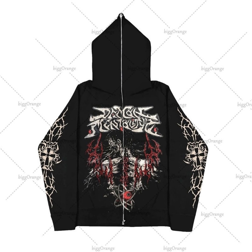Men's Hoodies Sweatshirts Harajuku Hip Hop Print Oversized Hoodie Men American High Street Rock Retro Casual Loose Y2K Zipper Sweater Women 23081