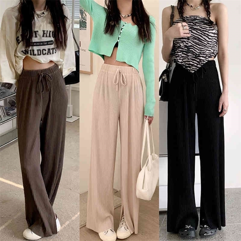 Pants & Capris Thin Summer High Waist Black Drawstring Elastic Split Wide Leg Pant Women Pleated Wild Loose Pantalones 210429