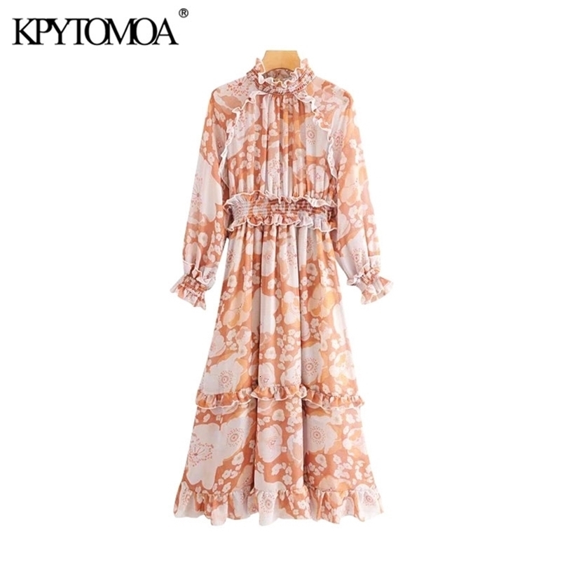 Stylish Floral Print Ruffled Midi Dress Women Fashion Long Sleeve Elastic Waist Office Wear Female Dresses Vestidos 210420