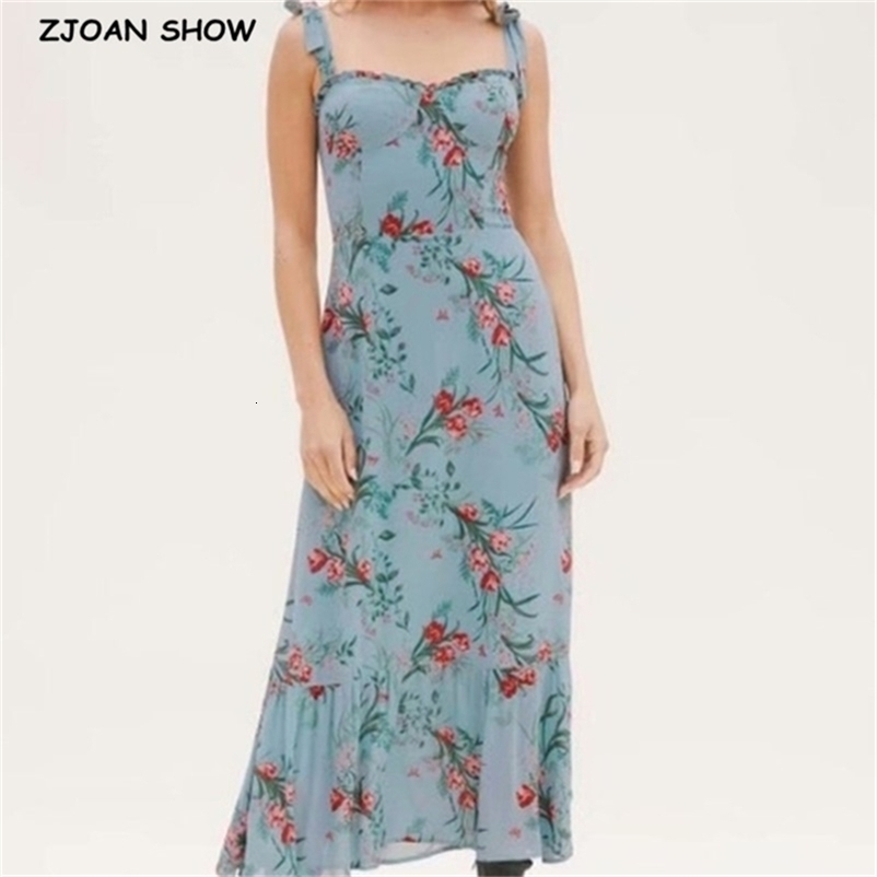 Vintage French Women Dress Ruffle Wood ears Floral Print Tie bow Elastic Spaghetti Strap Mid-Calf Dresses Holiday Female Clothes 210429