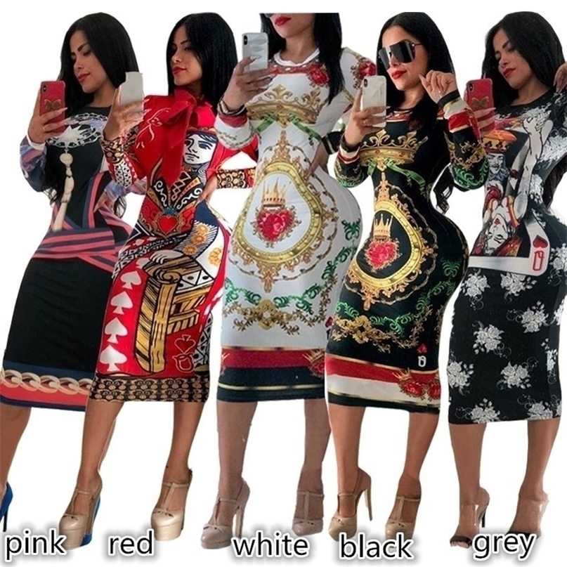Autumn Women Fashion Personality Women's Poker Queen Mid Long Sleeve Dress Round Packet Hip Waist Dress SXXL T200320
