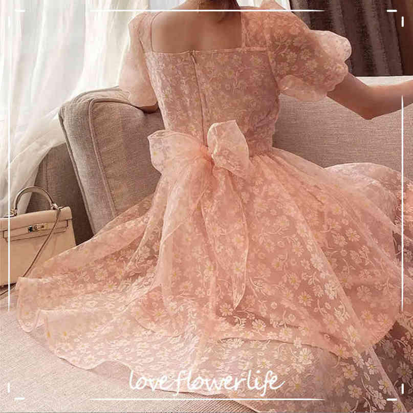 Elegant Vintate Floral Dress Women Short Sleeve Midi Dress Female Party Beach Dress Korea Office Lady Sumemr Chic 210521