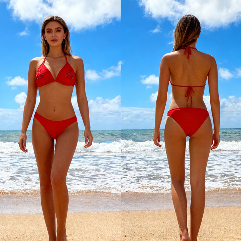 Fashionable Cherry Sequin Embellished Red Women Bikini Swimsuit