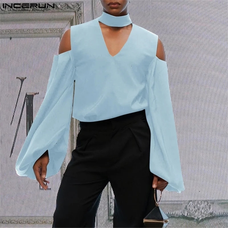 INCERUN Mens Shirt Solid V Neck Long Sleeve Hollow Out Casual Men Clothing Streetwear Loose Fashion Unisex Shirts S-5XL 250224