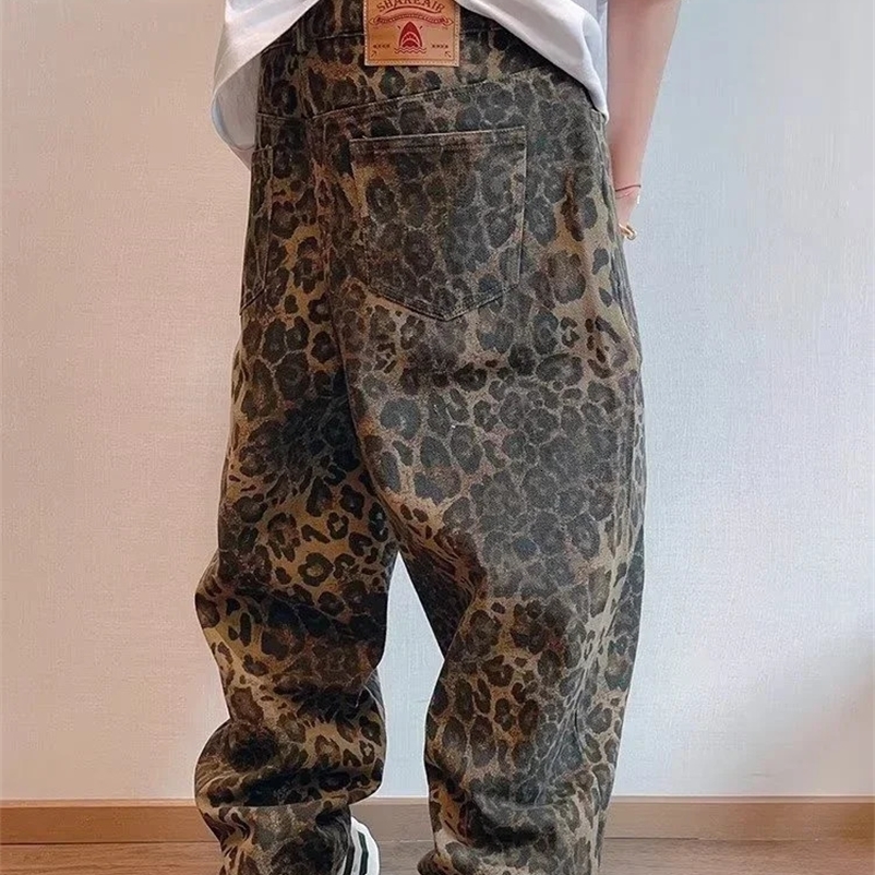 HOUZHOU Tan Leopard Jeans Men Denim Pants Male Oversize Wide Leg Trousers Streetwear Hip Hop Vintage Clothes Loose Casual 240318