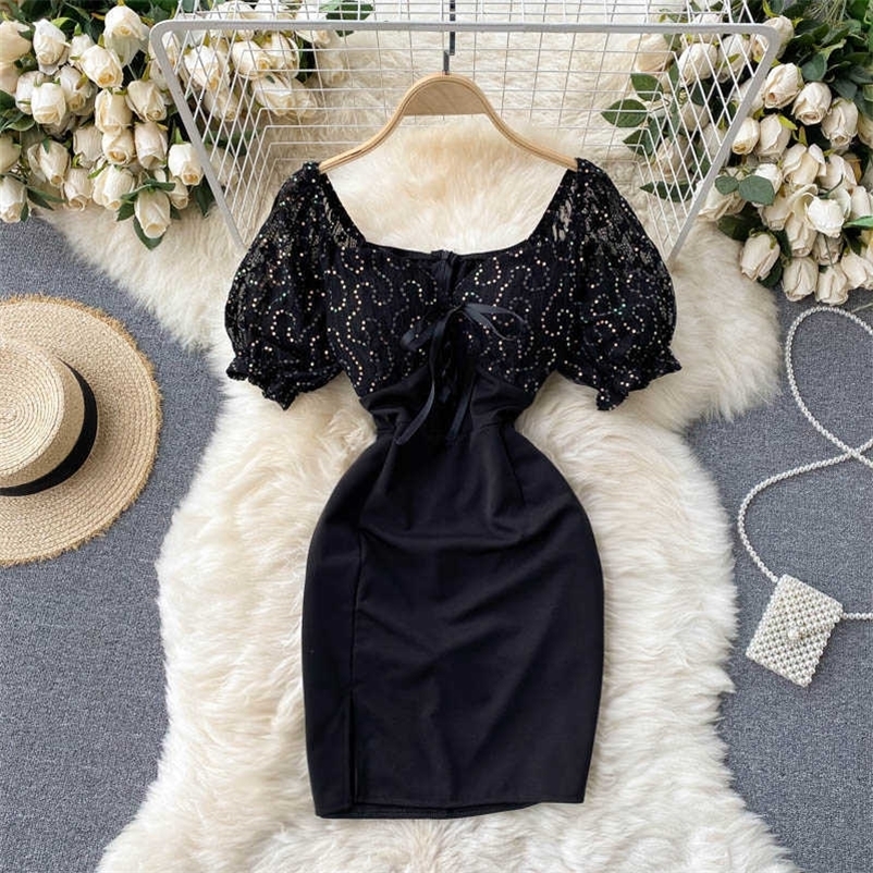 DEAT Women Embroidery Sequins Lace Puff Sleeve Buttocks Dress Square Collar Slim Short Fashion Spring Summer 11B756 210709