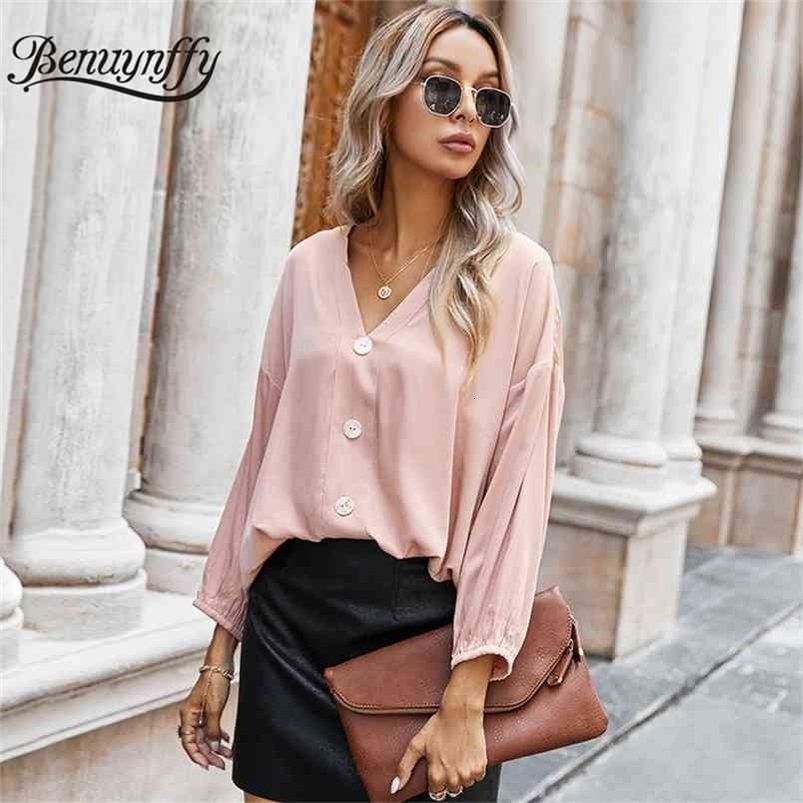 Drop Shoulder Button Front Curved Hem Women Blouse Shirt Autumn V Neck Solid Office Ladies Casual High Low Tops 210510