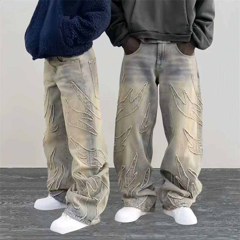 Ropa Y2K Streetwear Flame Embroidery Baggy Stacked Jeans Pants For Men Clothes Harajuku Vintage Women Gothic Denim Trousers 240912