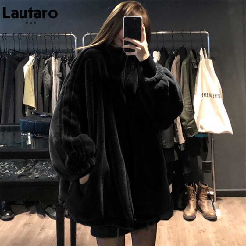 Lautaro Winter Black Oversized Faux Fur Jacket Women Long Sleeve Stand Collar Korean Fashion Arrivals Womens Clothing 211123