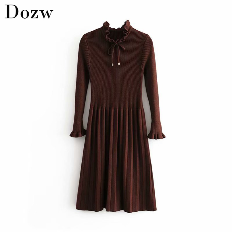 Elegant Ruffle Long Sleeve Knitted Sweater Dress Women Solid A Line Bow Pleated Dress Autumn Winter Casual Dresses For Ladies 210414