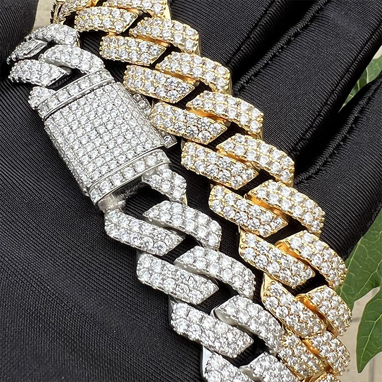 JWY 2021 Fashion Iced Out Gold and Silver Plated Brass Cuban Link Chain Hip Hop Style Necklace with Moissanite for Men