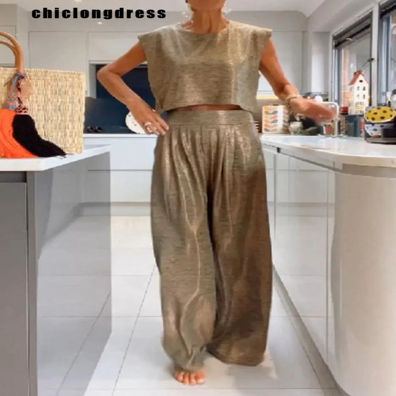 Summer Fashion Gloss Two Piece Set Women Sleeveless Top Wide Leg Pants 240423