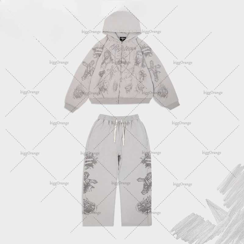Strt Harajuku Hip Hop Punk Loose Straight Wide Legs Men Retro Letter Cartoon Y2K Casual Trendy Oversized Zipper Hoodie Women X250924