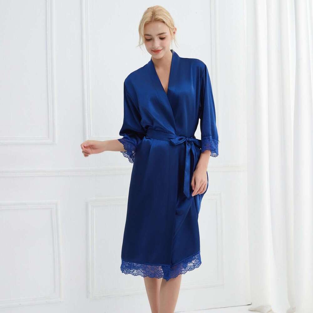 Lace trimmed high-end satin robe, solid color patchwork lace long sleepwear outer robe, luxurious and noble home wear, a must-have for elegant home we