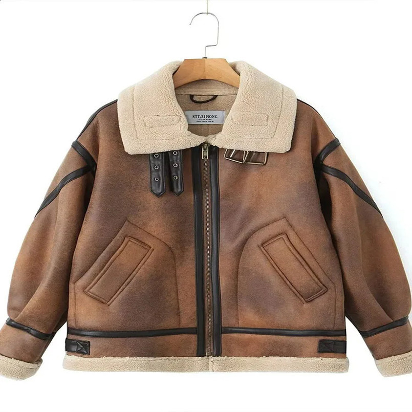 Lambswool coat women winter thickened motorcycle clothing leather jacket loose stand collar fur integrated high-grade jacket top 241217