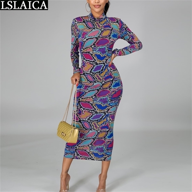 Maxi Dresses for Women Autumn Fashion Print Long Sleeve Turtleneck Sexy Bodycon Zipper Skinny Evening Party Club 210515