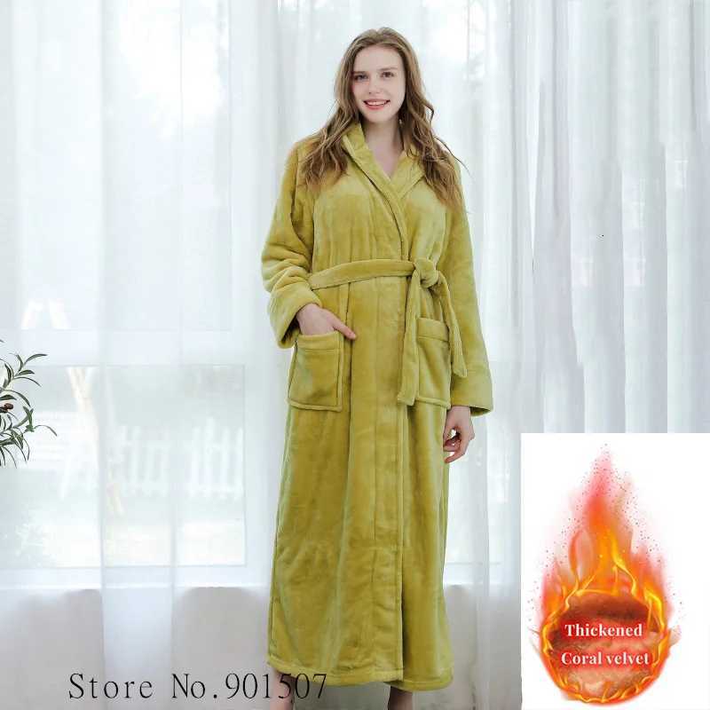 Extra Long Winter Coral Fleece Bathrobe Women Hooded Warm Kimono Bath Robe Cozy Kimono Shower Robes Loose Peignoirs Nightgown Z250924