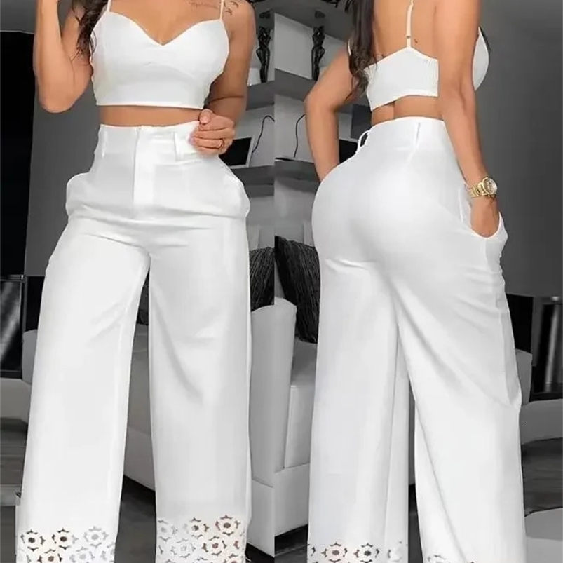 2-piece womens set casual V-neck Cami crop top and white fashionable hollow outer wide leg high waist pants set for women 250423