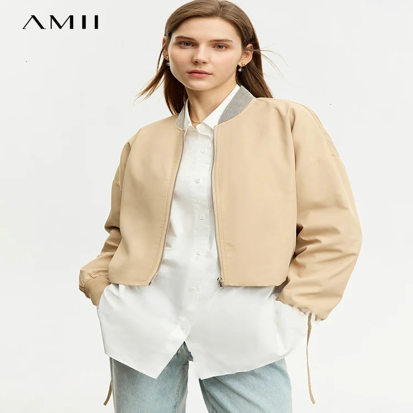 AMII Minimalist Womens Sports Jacket Autumn Loose Jacket Splicing Baseball Collar Long Sleeve Solid Top 12343252 240930