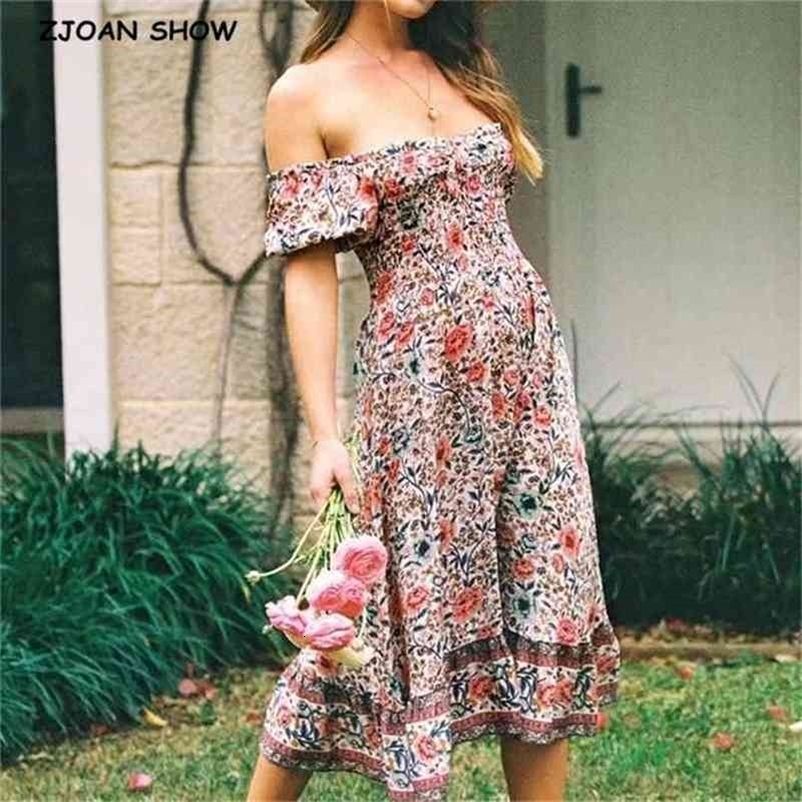 Bohemia Floral print Elastic Ruched Body Slash Shoulder BOHO Dress Summer Holiday Woman Short Sleeve Knee length Beach 210429