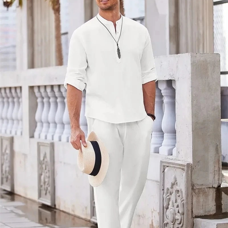 Cotton linen blend retro elegant mens two-piece casual V-neck Henry long sleeved shirt drawstring pants autumn set 240530