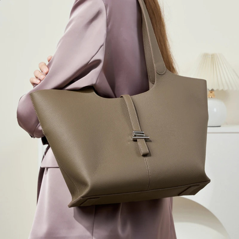 Burminsa Cowhide leather tote bag for women trend ner shopping cart commuting A4 womens handbag gray black 240820