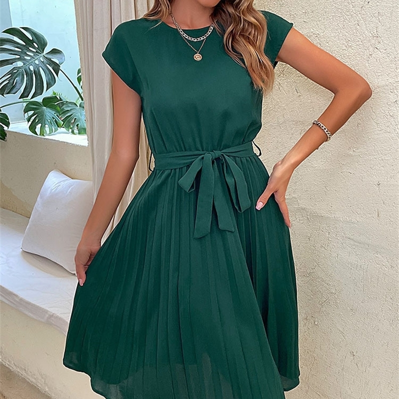 Casual Dresses JIM NORA Elegant Women Summer Casual Beach Sundress Short Sleeve Pleated Midi Dress Soild Colour O Neck Tunic Dresses Fashion 230316
