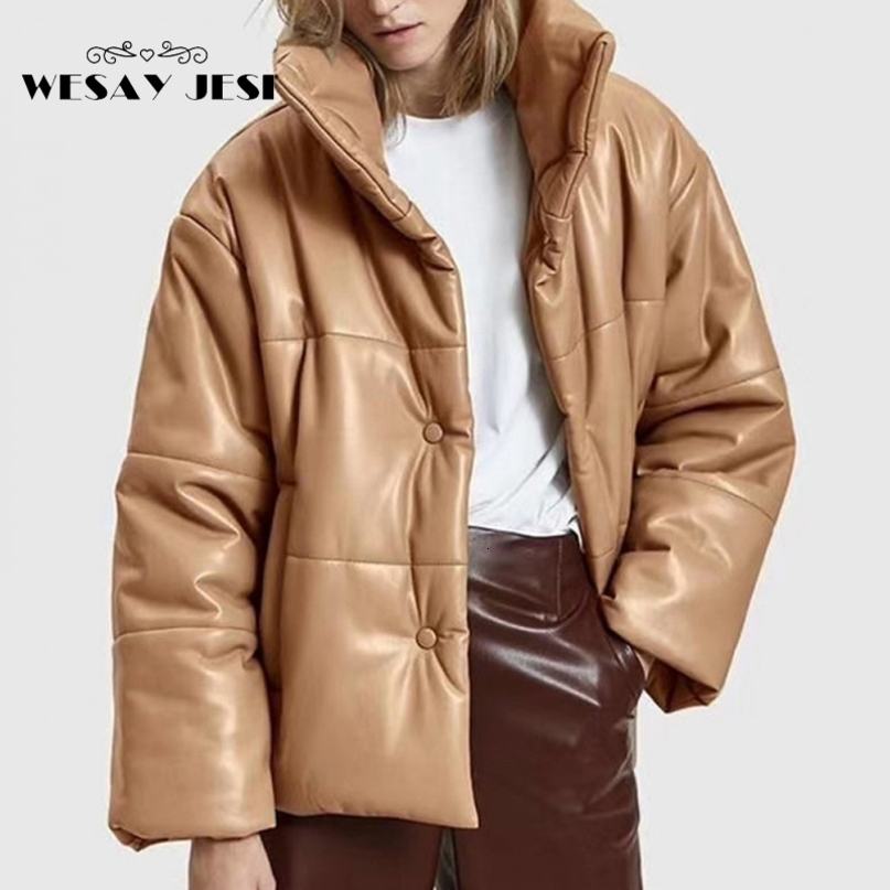 Women PU Leather Parkas Fashion High Street Solid Faxu Leather Coats Elegant Winter Thick Cotton Jackets Loose Outerwear 201019
