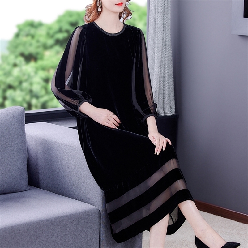 Casual Dresses Female Black Velvet Loose Maxi Dress Autumn Winter Korean Vintage Mesh Patchwork Sexy Dress Elegant Casual Evening Vestidos 230316