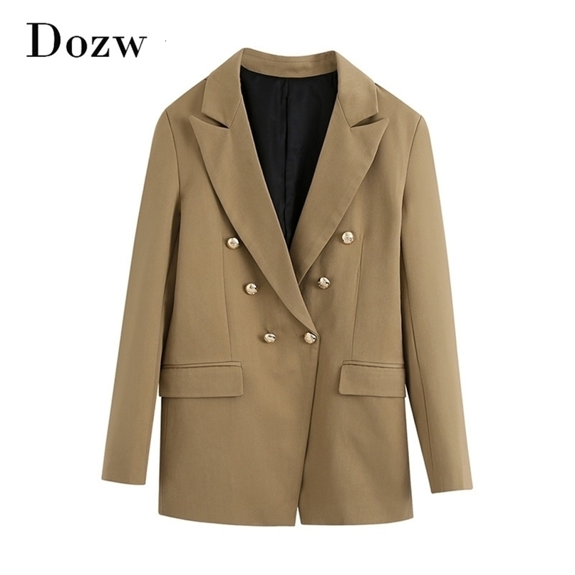 Casual Brown Blazer Women Outerwear Double Breasted Fashion Lady Blazer Suit Long Sleeve Office Wear Coat Femme Veste 210414