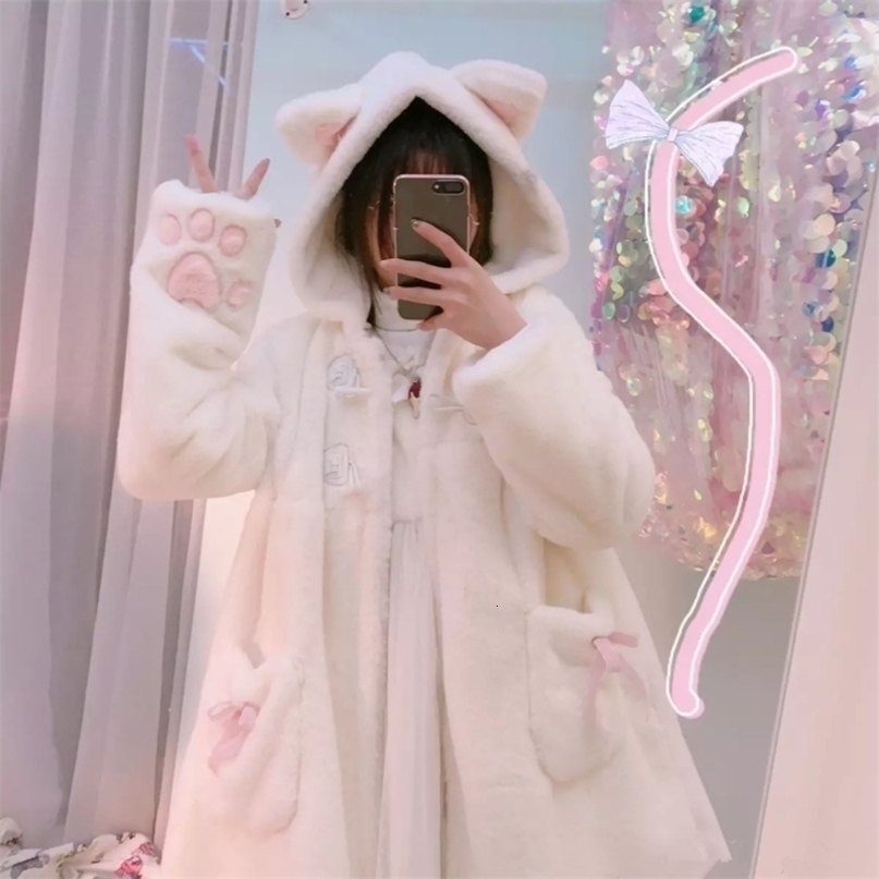 Women Winter Cartoon Fur Coats Japanese Kawaii Sweet Cat Paw Embroidery Faux Fur Soft Sister Long Warm Overcoat With Ears Hooded