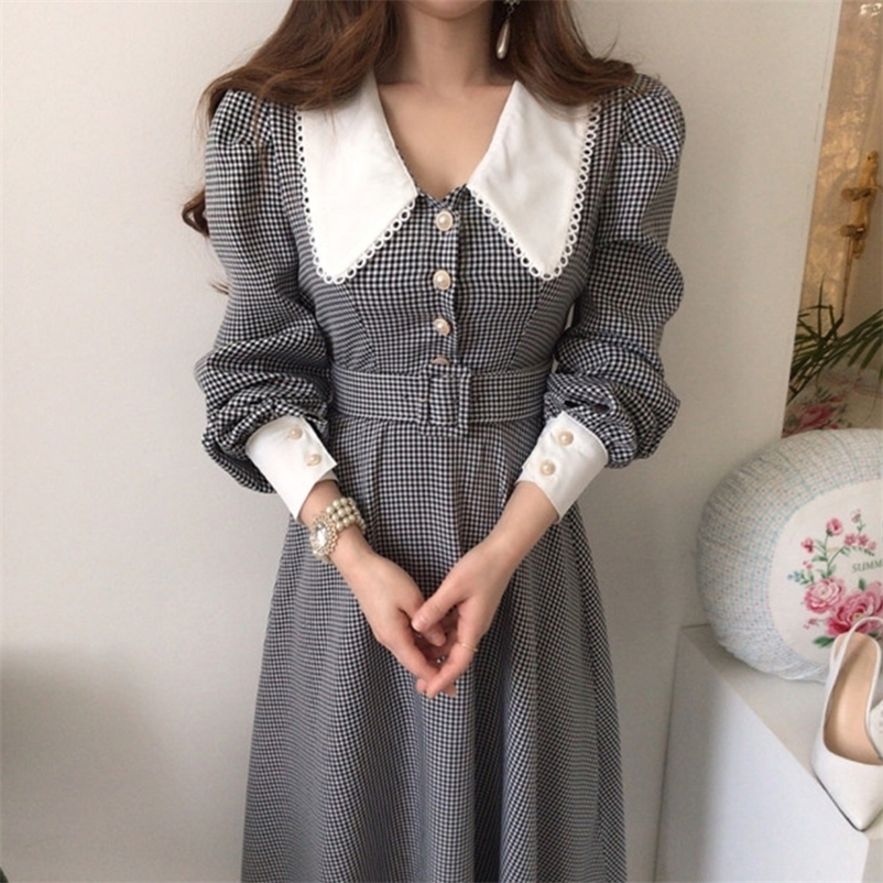 Casual Dresses Korean Chic Temperament Single-breasted Lapel Plaid Dress Sashes Slim High Waist Puff Long Sleeve Vestido Feminino Elegant Fall 230316